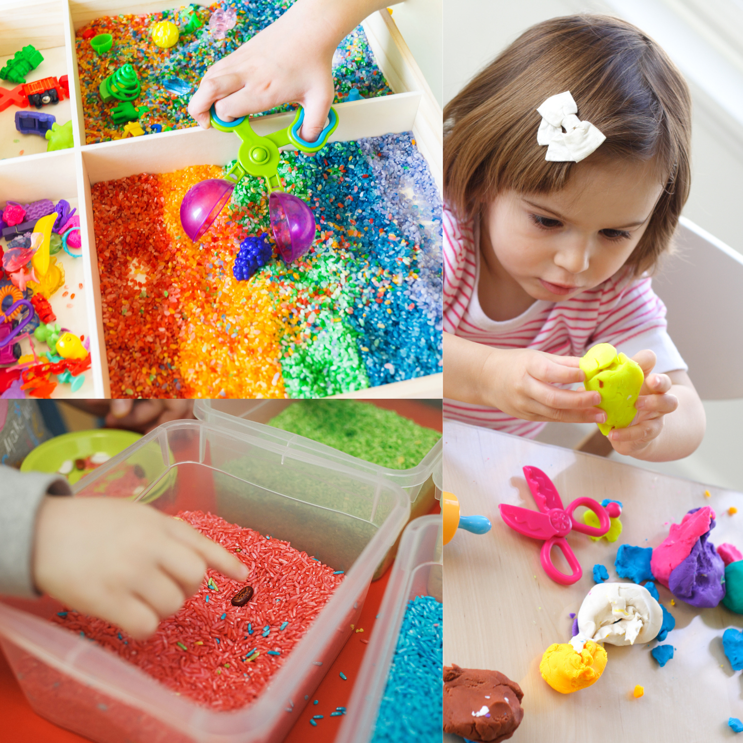 Collage of kids exploring colorful sensory bins, rice, playdough, and fidget toys